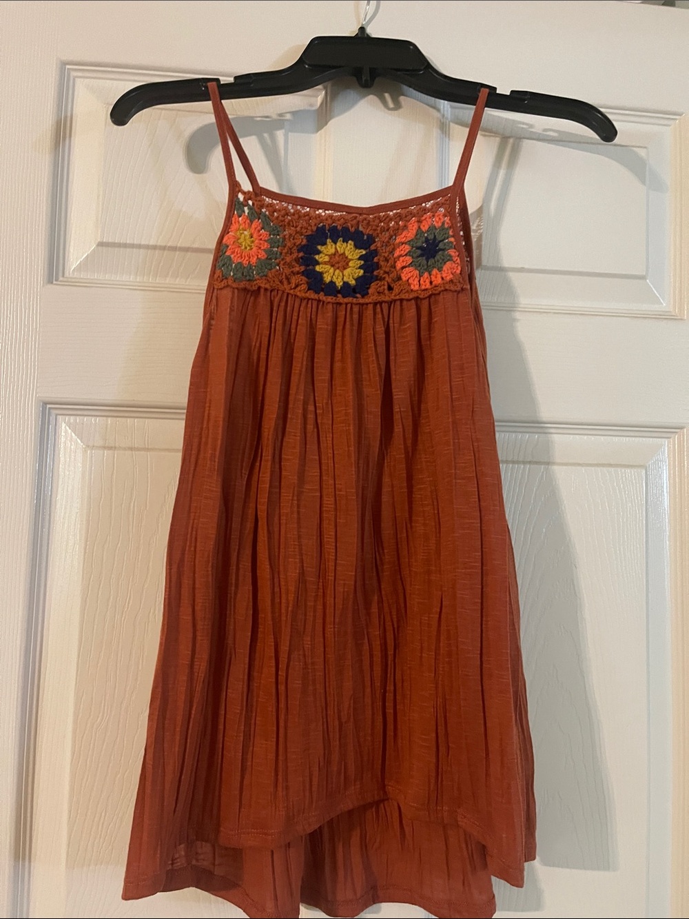 Almost Famous Rust Dress with Navy Crochet Yoke